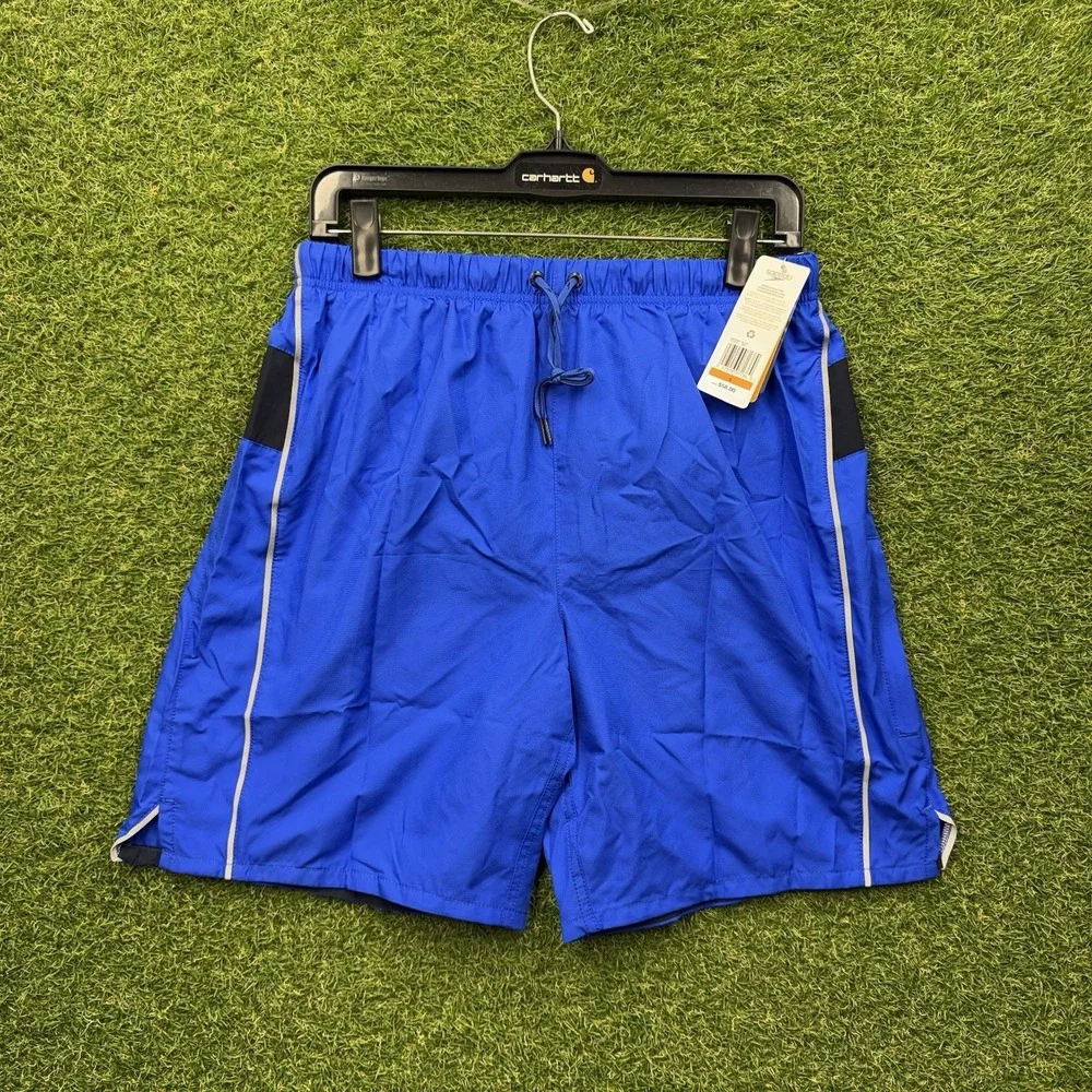 Speedo Swim Trunks Mens Small Border Line Stripe Performance E-Board Shorts Blue